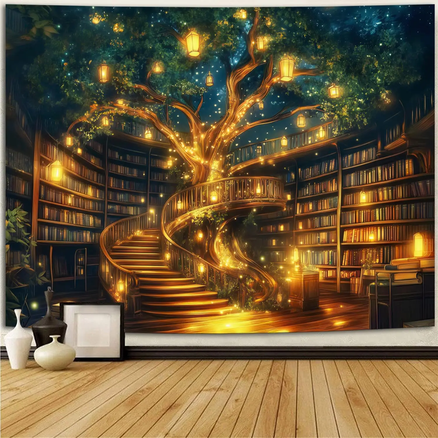 Enchanted Tree Library Tapestry – Magical Bookshelf Reading Room Wall Hanging, Cozy Literary Art Decor for Bedroom, Living Room