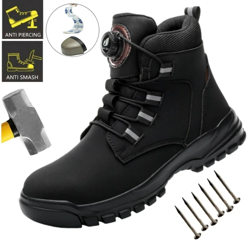

Rotating Button Puncture-proof Security Protective Shoes Lightweight Steel Toe Boots Waterproof Black Working Botas for Men
