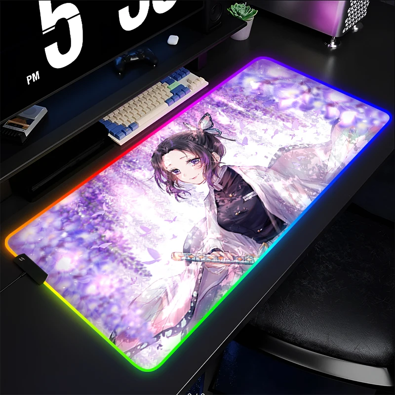 

RGB Mouse Pad LED Office Computer Demon Slayer Kochou Shinobu Desk Mat Purple HD Keyboard Pad Laptop Accessories Gaming Mousepad