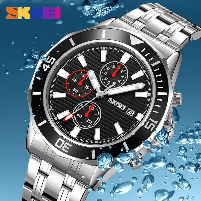 SKMEI three-eye six-hand single calendar luminous watch, men's business casual fashion waterproof quartz watch