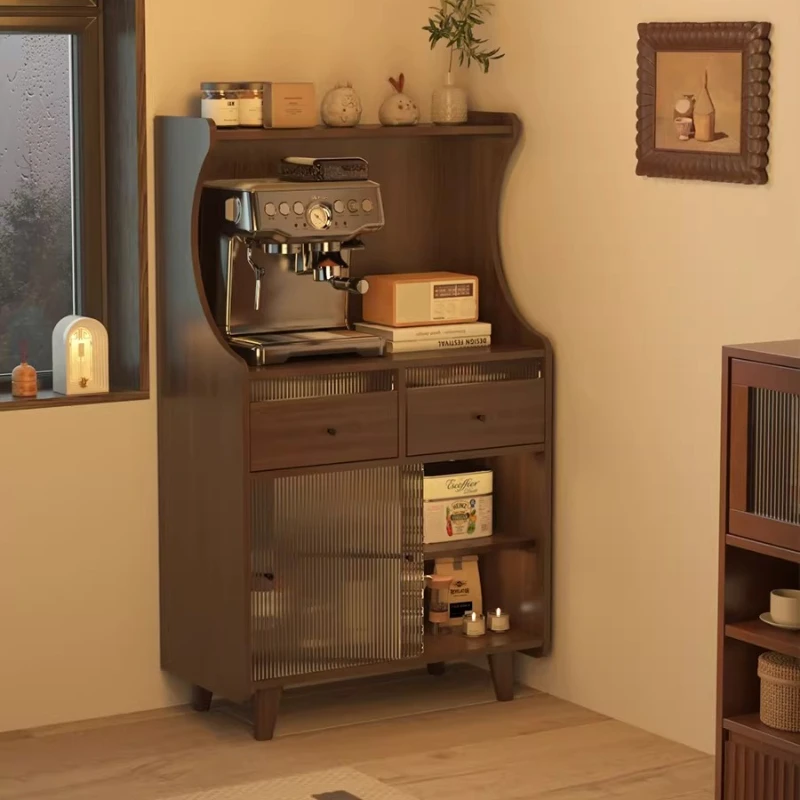 Living room, tea cabinet, integrated storage cabinet against the wall, coffee machine storage cabinet, kitchen dishes, microwave