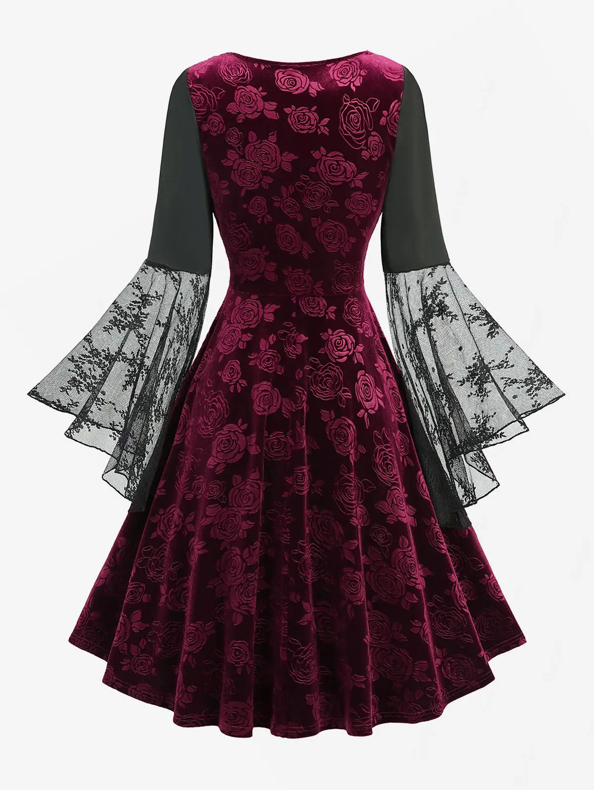 Women\'s 2-in-1 Dresses Lace Flare Sleeves Velvet Embossed Dress with Lace-Up Front and Rose Floral Pattern A-Line Dress