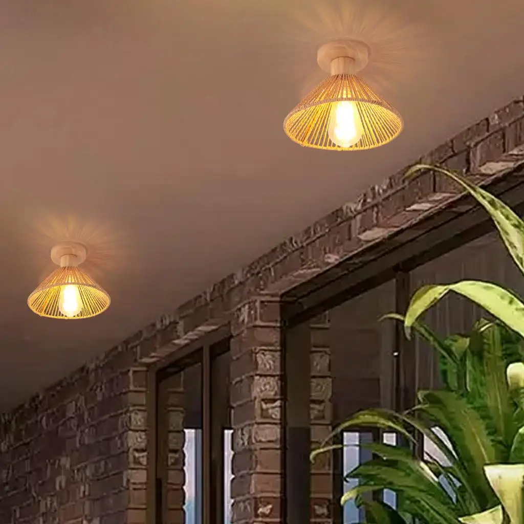 حبل القنب ضوء السقف الثريا المنسوجة يدويا الروطان النسيج مصباح السقف غرفة المعيشة غرفة نوم ديكور المنزل تركيبة إضاءة E27