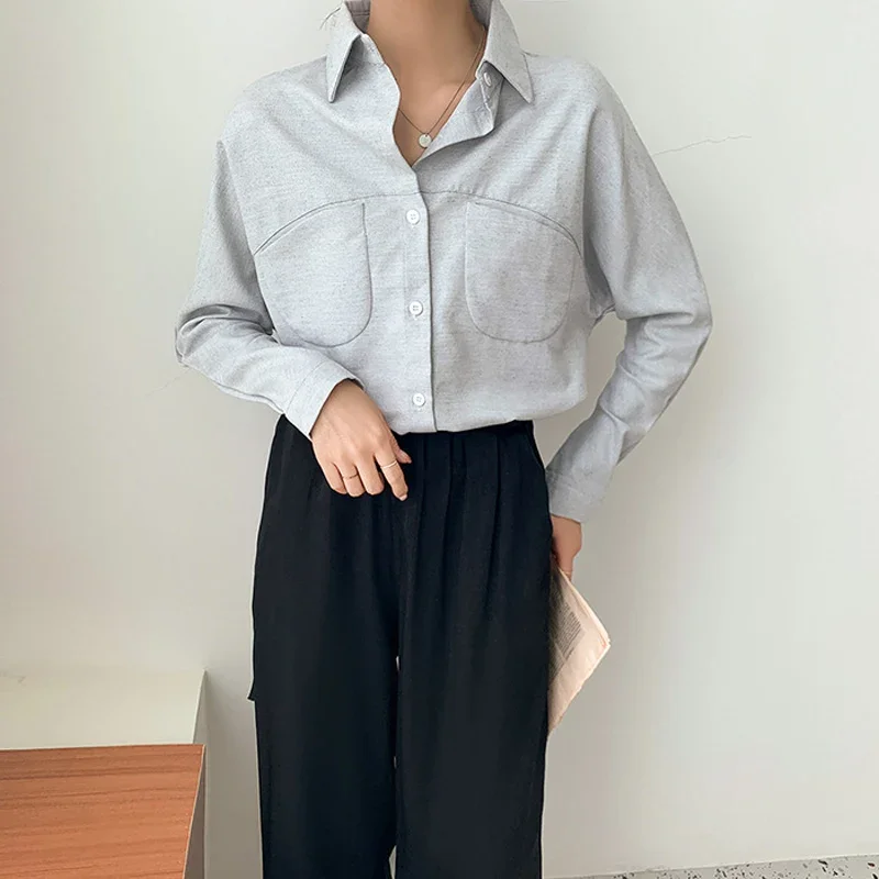 Women Shirts Autumn Thick Density Long Sleeve Tops With Pockets Temperament Office Lady Clothes Solid Color Loose Cotton Blouse