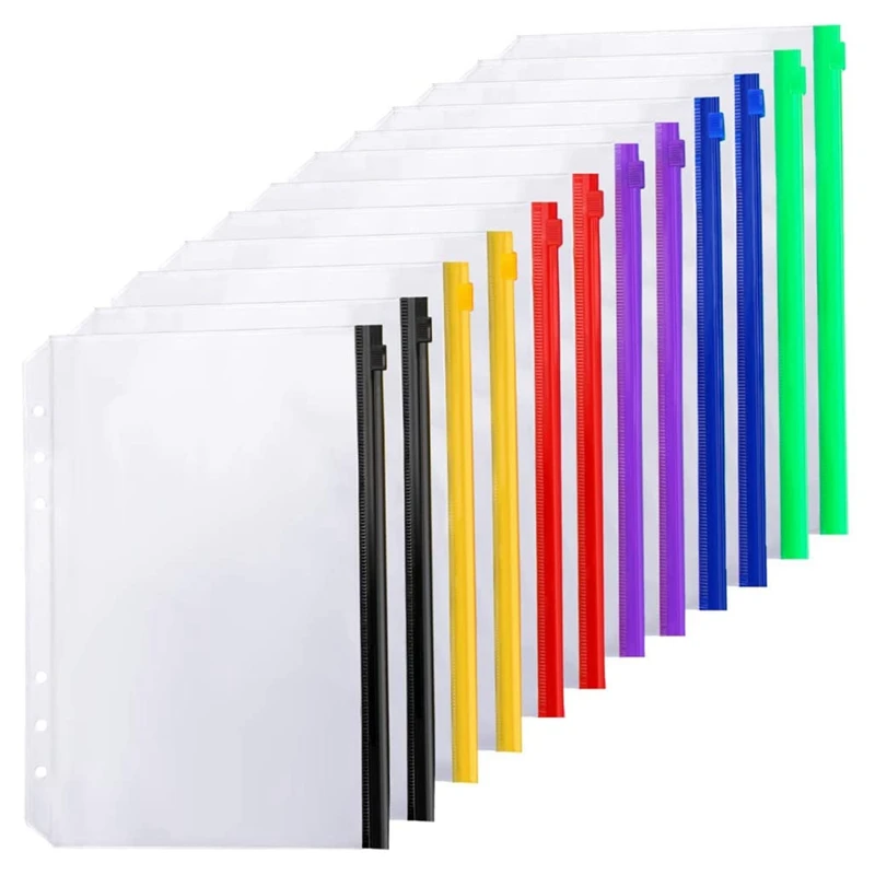 

12PCS Binder Pockets A5 Size 6 Holes Zipper Binder Pouch Folders For 6-Ring Notebook Binder Loose Leaf Bags