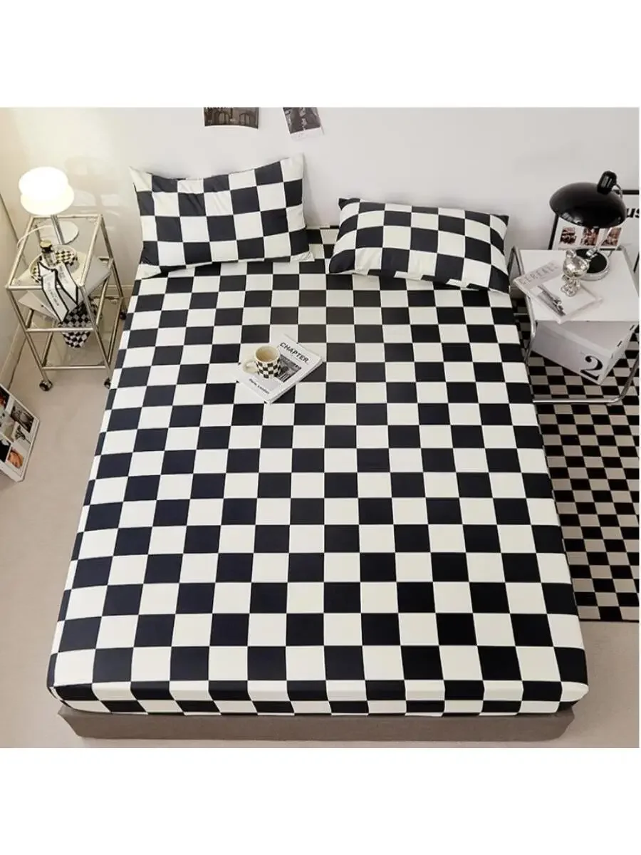 3pcs Checkerboard Pattern Fitted Sheet Set(1 Fitted Sheet & 2 Pillowcase)  Modern Sheet Set For All Seasons