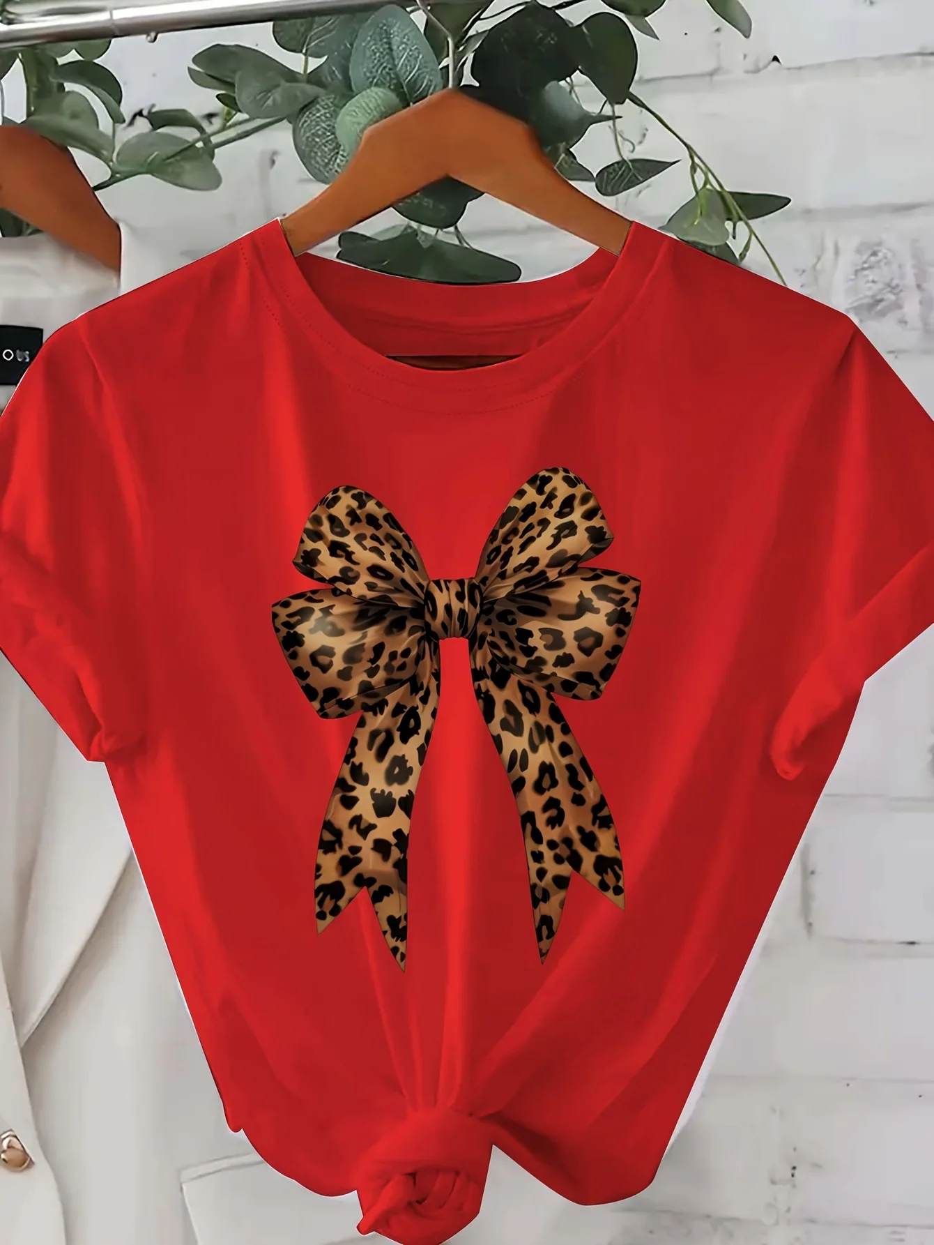 Women'S Casual Red T-Shirt with Leopard Print Bow Design - Short Sleeve Round Neck All-Season Top Leopard Print Shirt