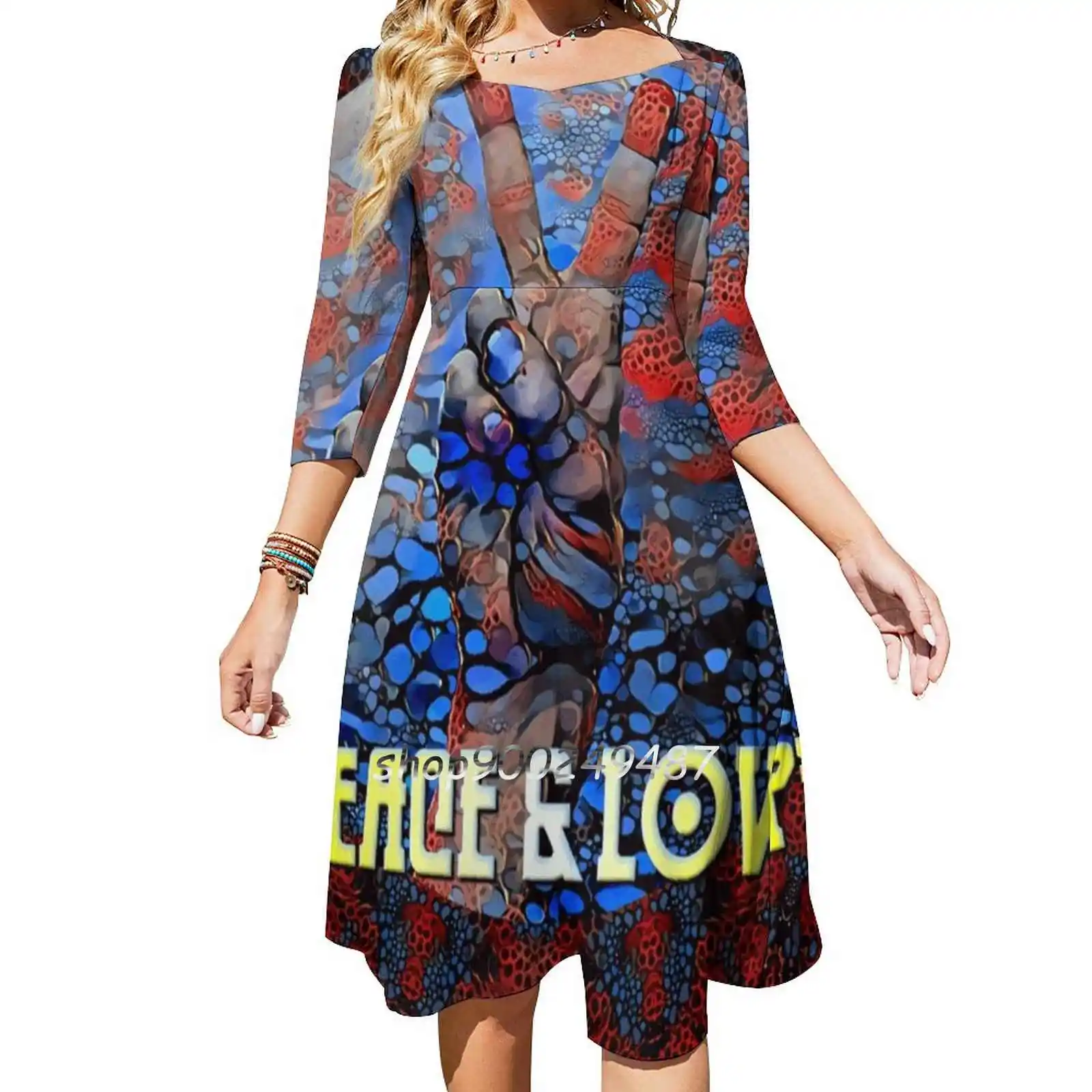 Peace And Love Sweet Elegant Dress Women Korean Kawaii Square Collar Dress Peace And Love Fractal Dimension 3D Surreal Abstract