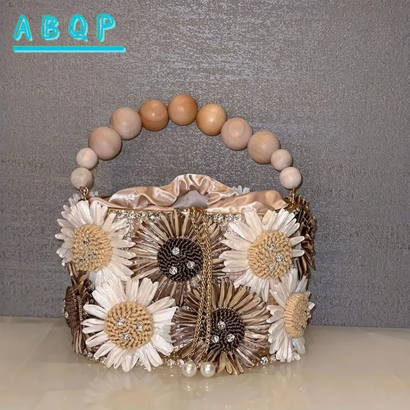 

Luxury Bucket Shoulder Bag for Women Floral Beaded Design Fashion Drawstring Closure Crossbody Bags with Inner Lining