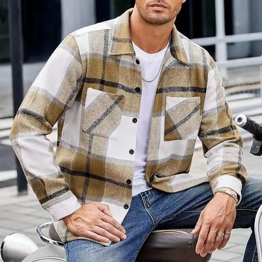 Men Vintage Shirt Jacket Men's Plaid Print Shirt Coat Casual Button Down Jacket with Long Sleeve Fleece Shacket for Autumn