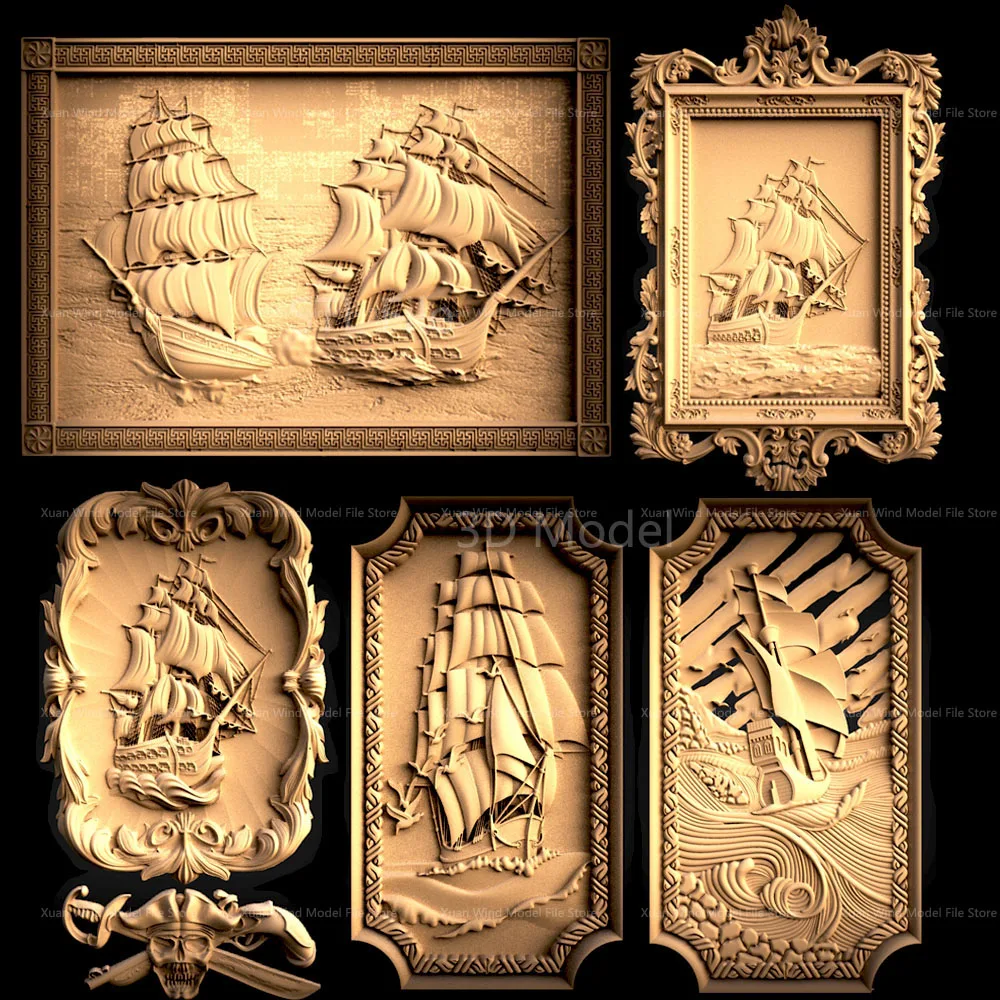 5PCS Ship Boat 3D STL Model for CNC Router 3D Printer Artcam Aspire Bas Relief_Decor Relief (760)