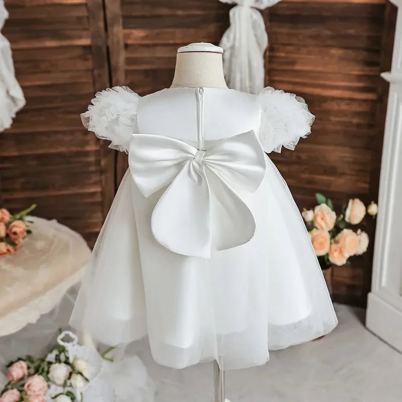 

Baby girl christening dress 1 year birthday dress with nice lace and sash bow baby off white baptism dress