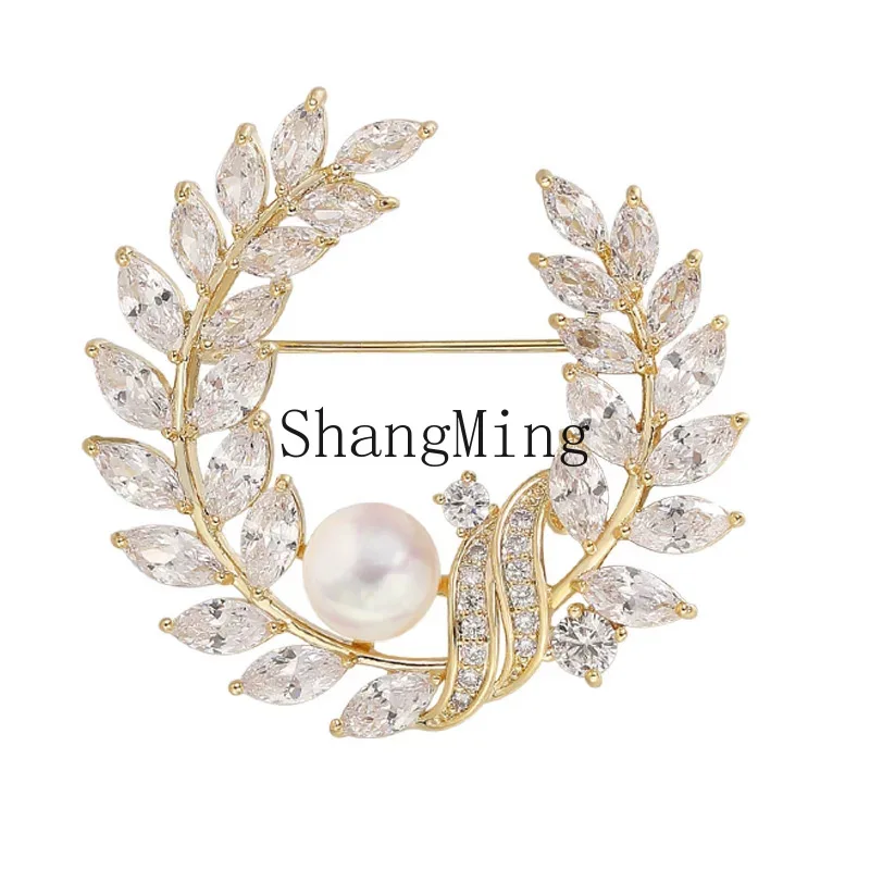 

PYH strong light freshwater pearl high-end olive branch brooch niche high-end sense elegant suit pin accessories
