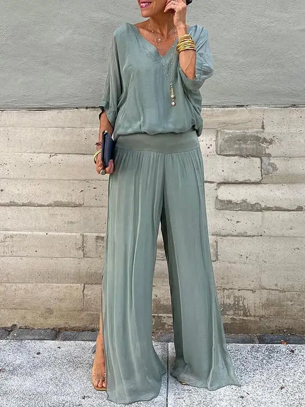 

Loose Casual Solid Chiffon Suit For Women Elegant V Neck Backless Top Side Split Wide Leg Pants Two Piece Set 2024 Summer New