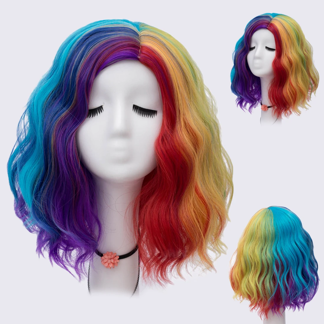 GAKA capelli sintetici ricci da donna Cosplay parrucca arcobaleno colorata di Halloween fibre resistenti al calore