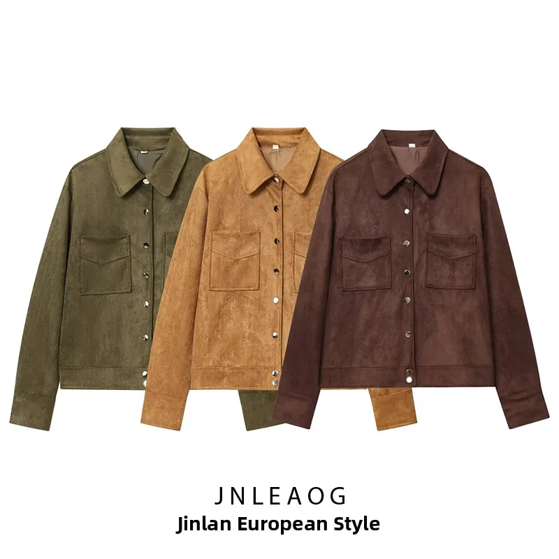 JNLEAOG Autunno delle Nuove Donne Faion Versatile Pelle Scamosciata Texture Jaet Tuta Sportiva Tessuto di Poliestere Lungo Sve Caldo Cappotto da Donna