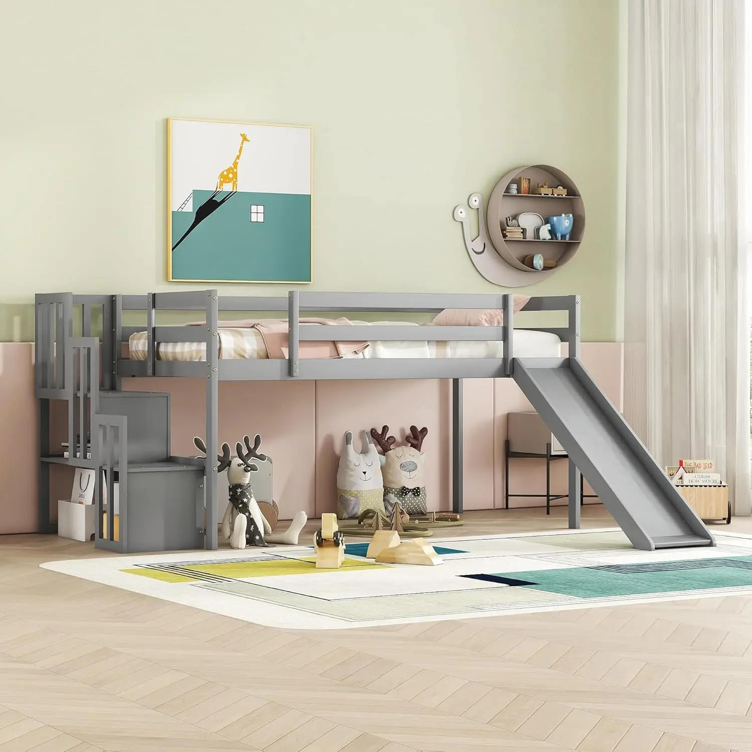 Cama baja tipo Loft para niños, cama de tamaño doble con tobogán y escalera de almacenamiento, marco de madera para Loft para Niños, Niñas y Adolescentes (gris)