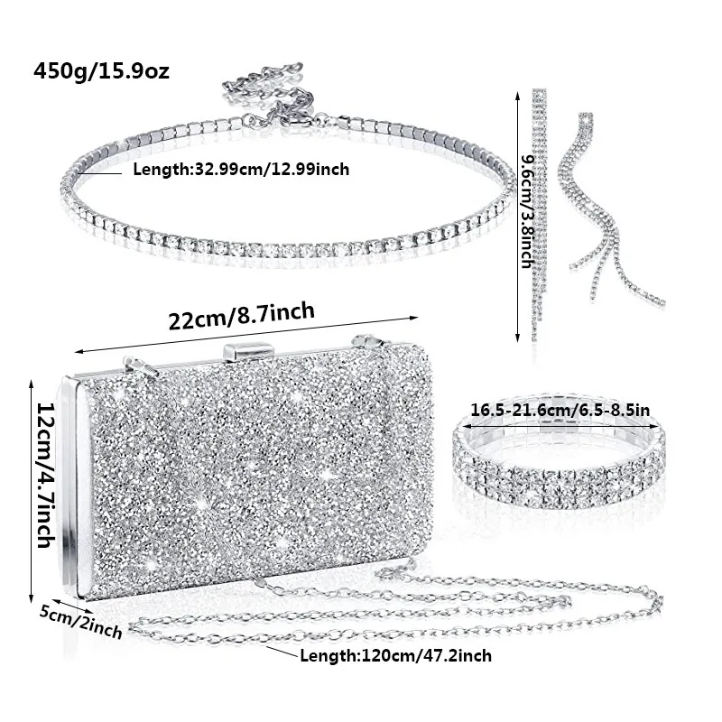 

Niche Rhinestone Necklace, Tassel Earrings, Diamond-Embedded Bracelet, Faceted Diamond Square Box Evening Bag Jewelry Set
