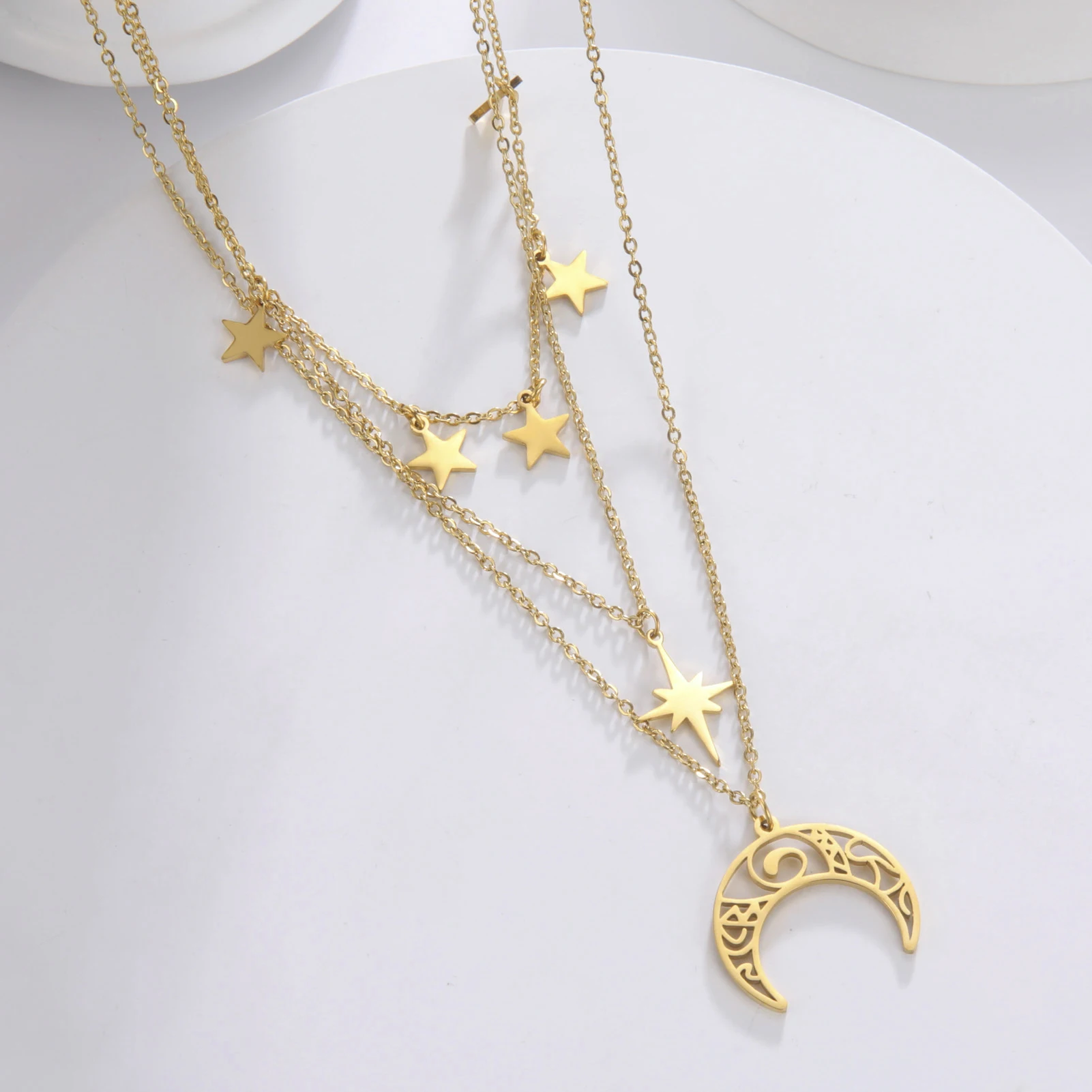 Teamer Three Layer Witchy Necklace for Women Star Moon Stainless Steel Necklaces Choker 2024 Layered Jewelry Clavicle Chain Gift