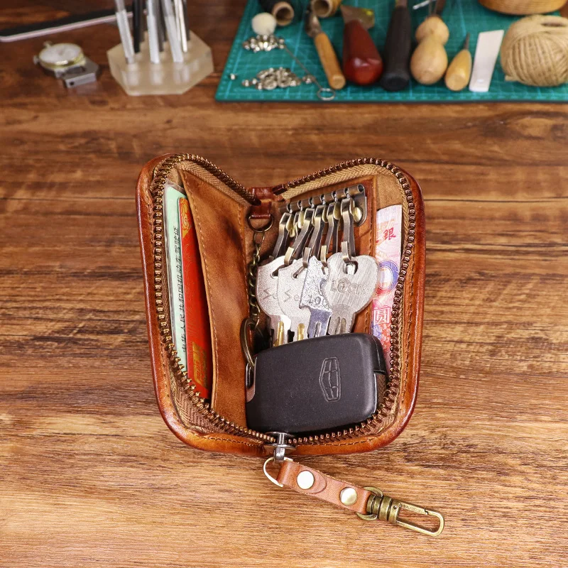 Tas Kunci Kulit Sapi Lapisan Atas Tanpa Pewarna Buatan Tangan, Tas Penyimpanan Resleting Kapasitas Besar Bermotif, Tas Kartu Kunci Mobil Sederhana