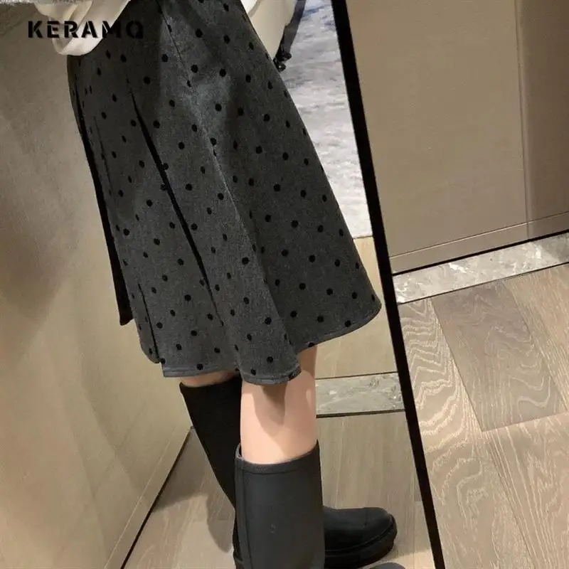 Double-sided Wear Pleated Skirt Polka Dot Skirt Autumn and Winter New Fashionable Gray Mid Skirt Plus size Preppy Belly Cover...