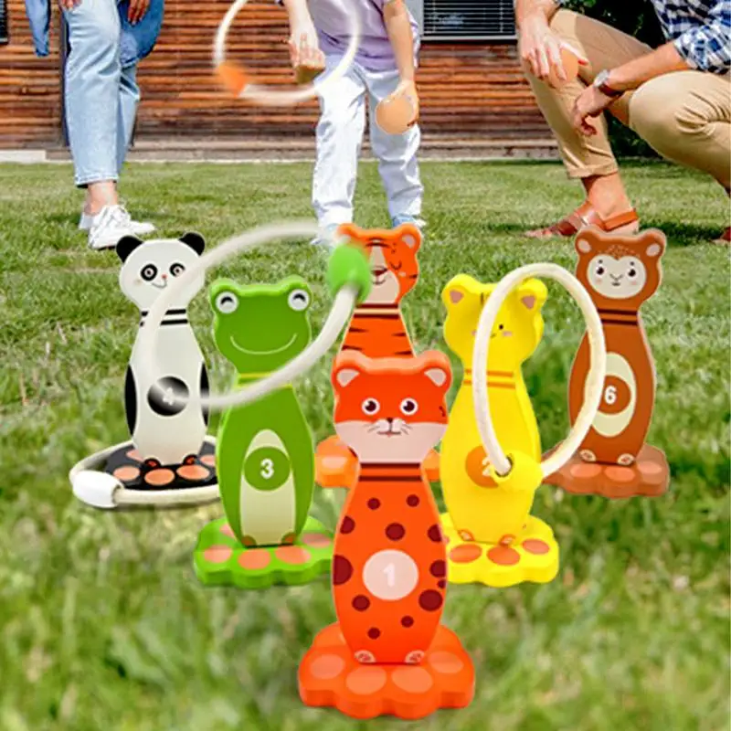 

Ring Throw For Kids Wooden Animal Design Circle Throwing Toy Party Game 6 Targets Balls & 6 Rings Combo Preschool Activities For