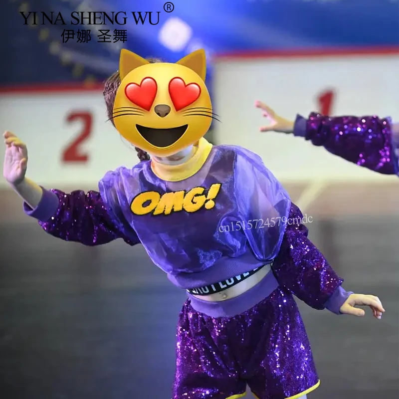 Girl's Jazz Dance Costume Children Fashion Street Hip Hop Jazz Dance Stage Performance Purple Sequin Costume Jazz Dancing Outfit