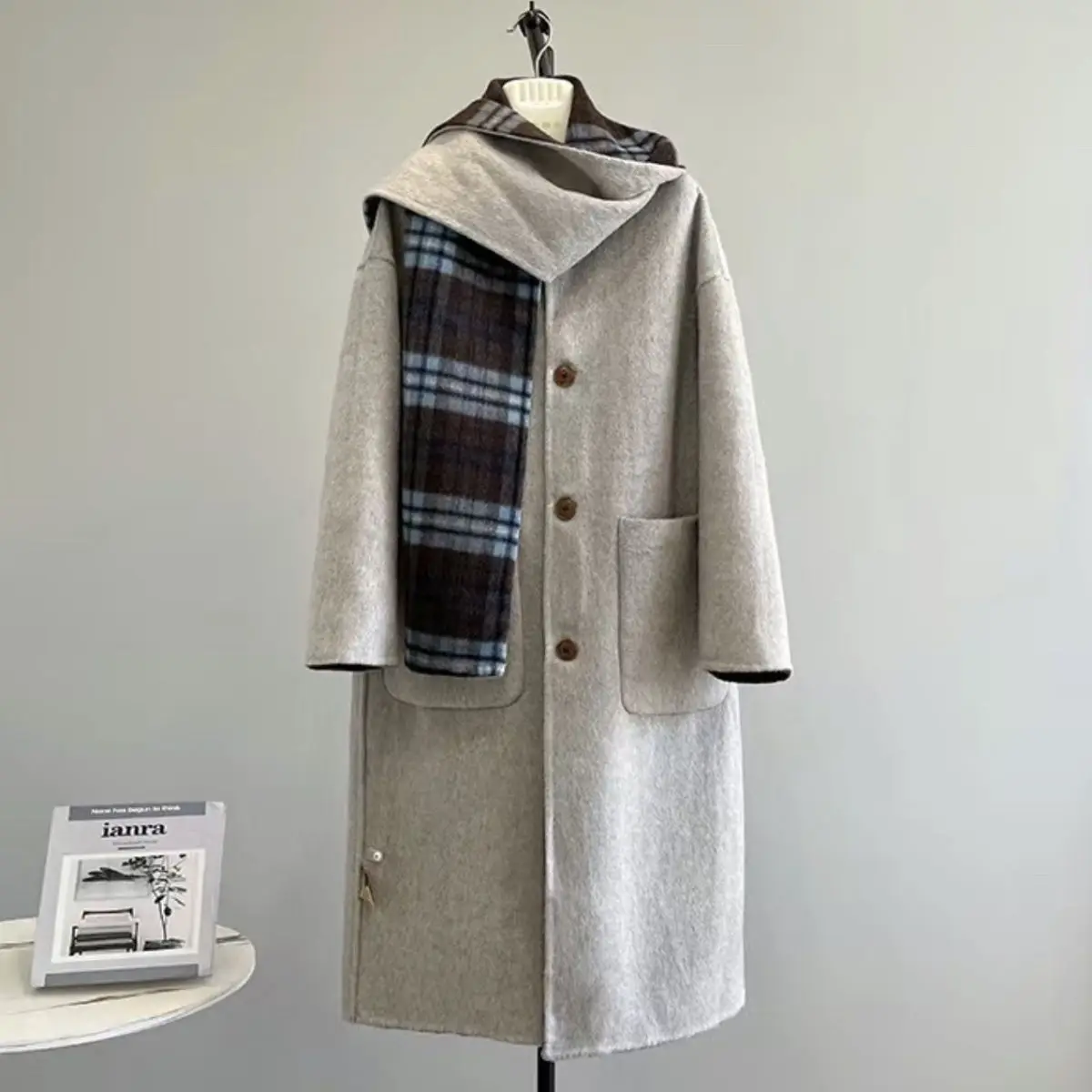 Scarf Style Double-Sided Wearable Retro Plaid Double-Sided Wool Coat Women's Autumn And Winter Mid Length Woolen Coat