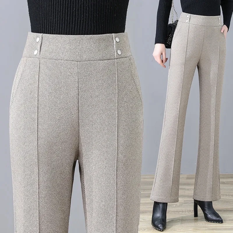 

Female Formal Skinny Woolen Flare Pants Women Office Elastic High Waist Thick Boot Cut Pantalones Korean Ol Slim Calcas Feminina