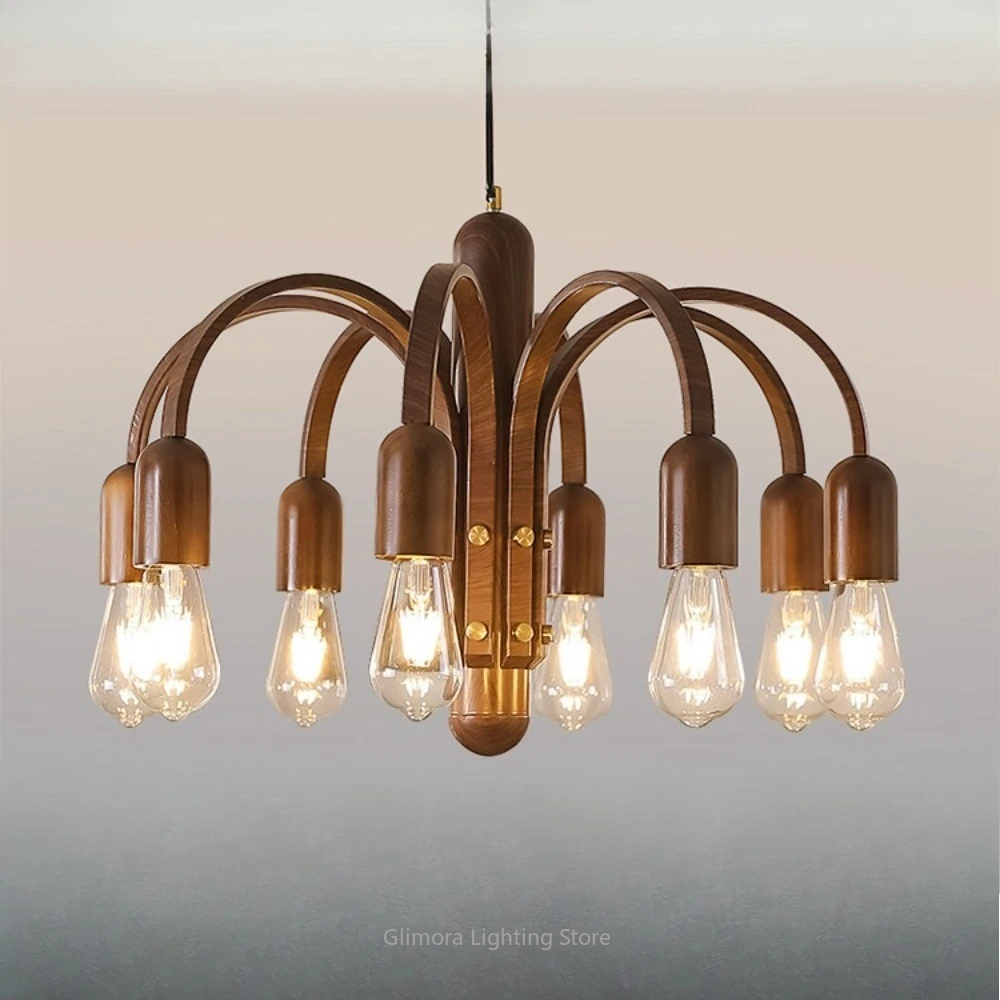 Mid-century Retro Pendant Light, Walnut Wood Modern Style, Metal & Wood