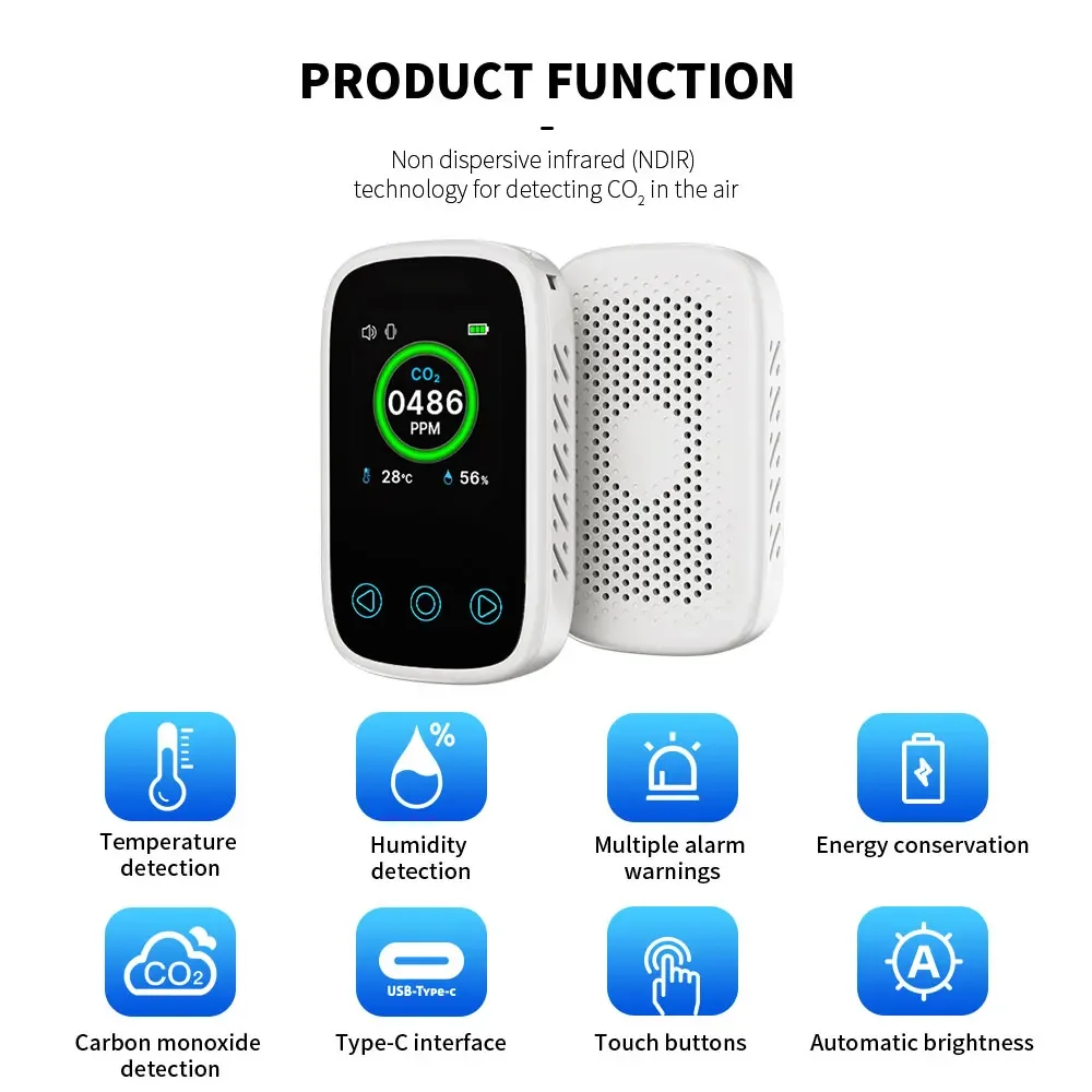 

Infrared Carbon Dioxide Detector, Air Quality Detector, Temperature And Humidity Monitoring, CO2 NDIR Touch Button