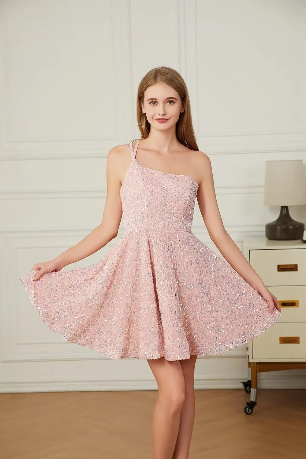 Abiti da ritorno a casa con paillettes monospalla per adolescenti Abito corto da ballo Abito da cocktail formale a trapezio scintillante Abito da laurea