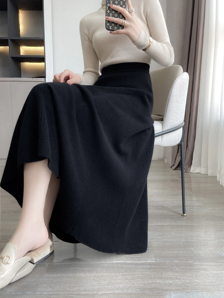 Wełniane spódnice damskie Office Lady Grace Cashmere 100% wełna merynosów Dzianina Jesień Zima Wysoka talia Spódnice parasolowe A-Line Dzianina