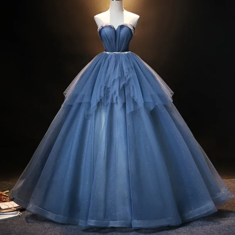 

Strapless Mesh Evening Dresses for Women Elegant Formal Maxi Party Dress Exquisite Blue Prom Ball Gown Vestidos De Noche
