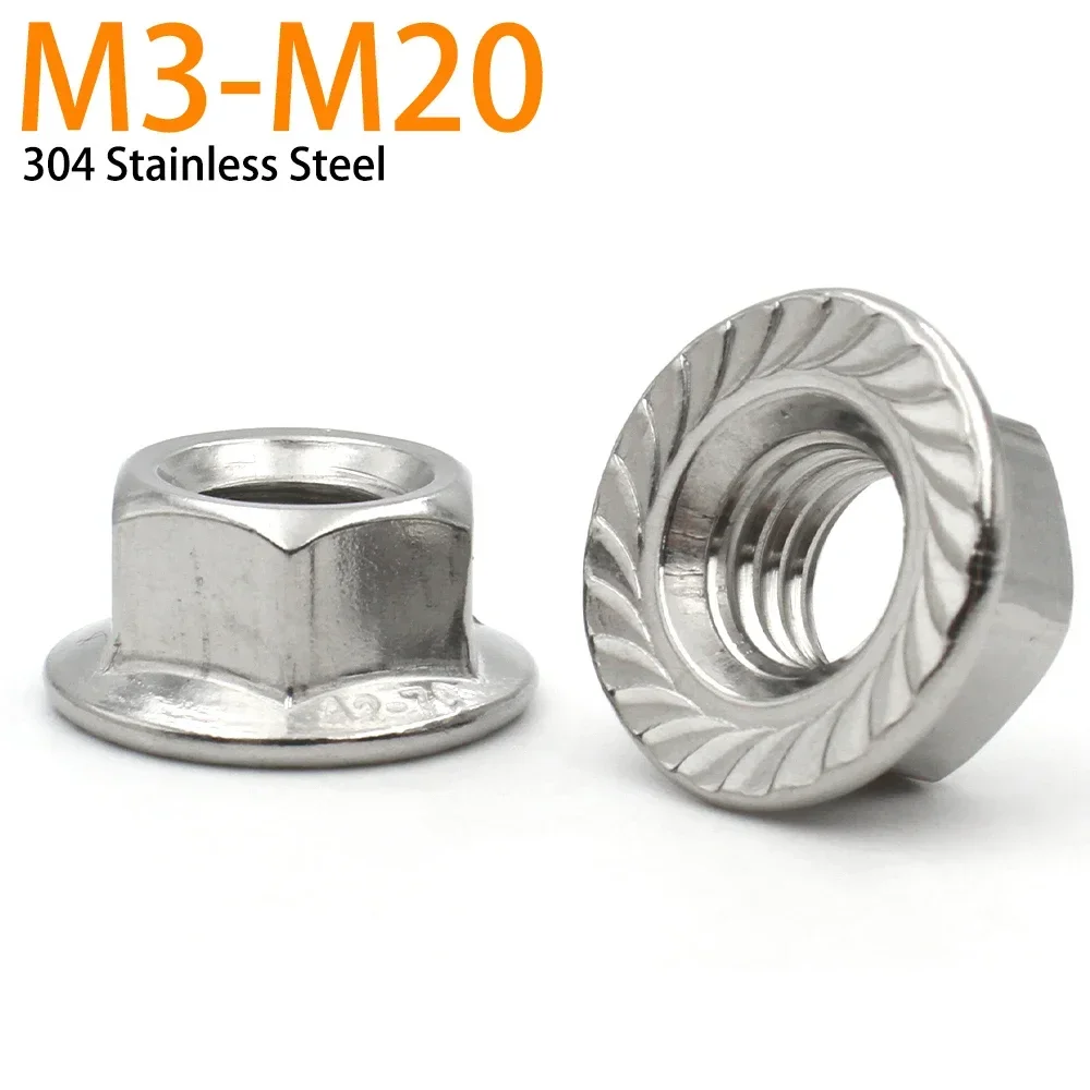 10pcs/lot M3 M4 M5 M6 M8 M10 M12 M14 M16 M20 DIN6923 A2-70 304 Stainless Steel Hexagon Flange Nut Pinking Slip Locking Lock Nut