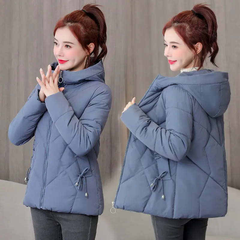 Solid Color 2023 Women's US Edition Down Cotton Hooded Jacket Windproof Warm Bread Jacket Winter and Thick Women Zipper Overcoat