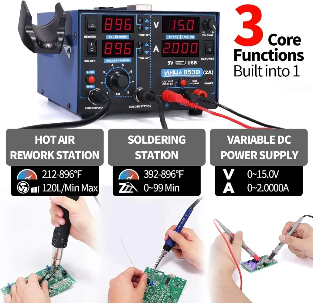 2a Usb Smd Hete Lucht Herwerken Soldeerbout Station, Dc Voeding 0-15V 0-2a, 5 V Usb Laadpoort 35 Volt Dc Spanning Test Meter