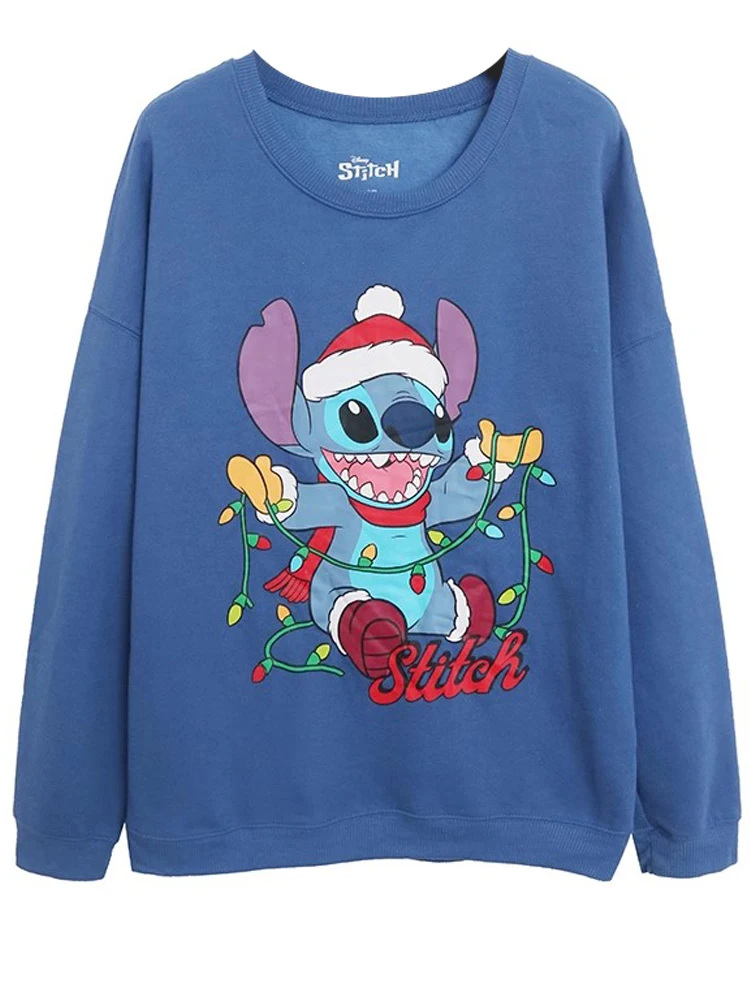 Disney Sweatshirt Merry Christmas Stitch Little Monster Print Women Fleece Long Sleeve Tee Tops + Pants Trousers 1 Sets Femme