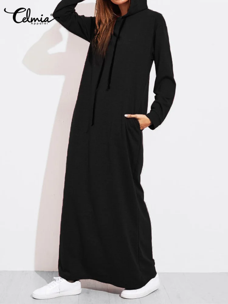 Celmia Women Hooded Dress Autumn 2023 Casual Long Sleeve Pockets Hoodies Maxi Dresses Vintage Solid Long Vestidos Robe Femme