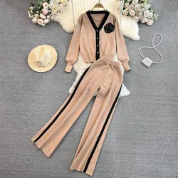 Suit Knit Cardigan Jacket Women Long Sleeve Color Collision V-neck Color Blocking Single-breasted High Waist Straight Leg Pants