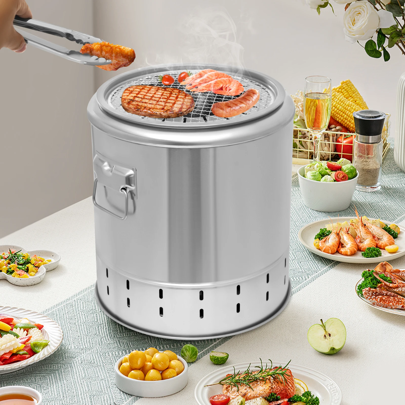 

Smokeless Silver Barbecue Bucket(2-In-1 Rack+Grill) - Oil Drip Pan&Ash Tray, Heat-Insulating Flame Retardant Cotton