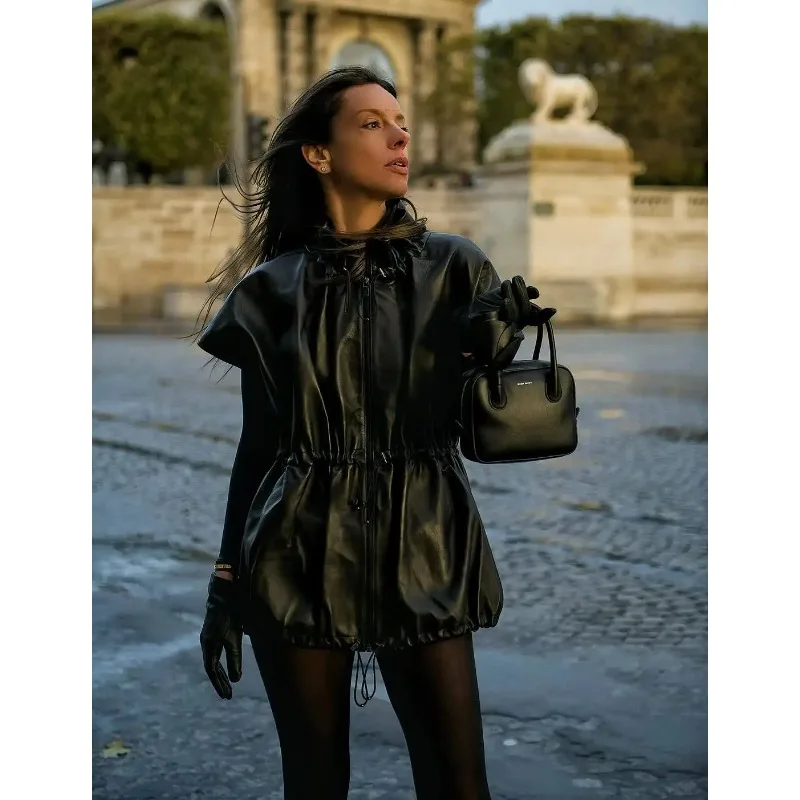 レトロブラック巾着フェイクレザージャケット、レディースソリッドカラー半袖スタンドカラージッパールーズミッドレングスコート