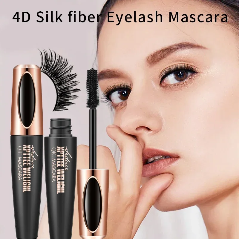 1 máscara rizadora de pestañas de fibra de seda 4D para extensión de pestañas negro grueso largo impermeable máscara de pestañas cosméticos de maquillaje