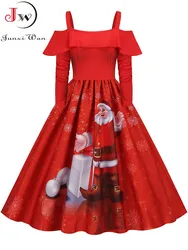 Off the Shoulder Elegant Christmas Party Dress Women Winter Long Sleeve Vintage Spaghetti Strap Ruffles Costume Clothing S~3XL