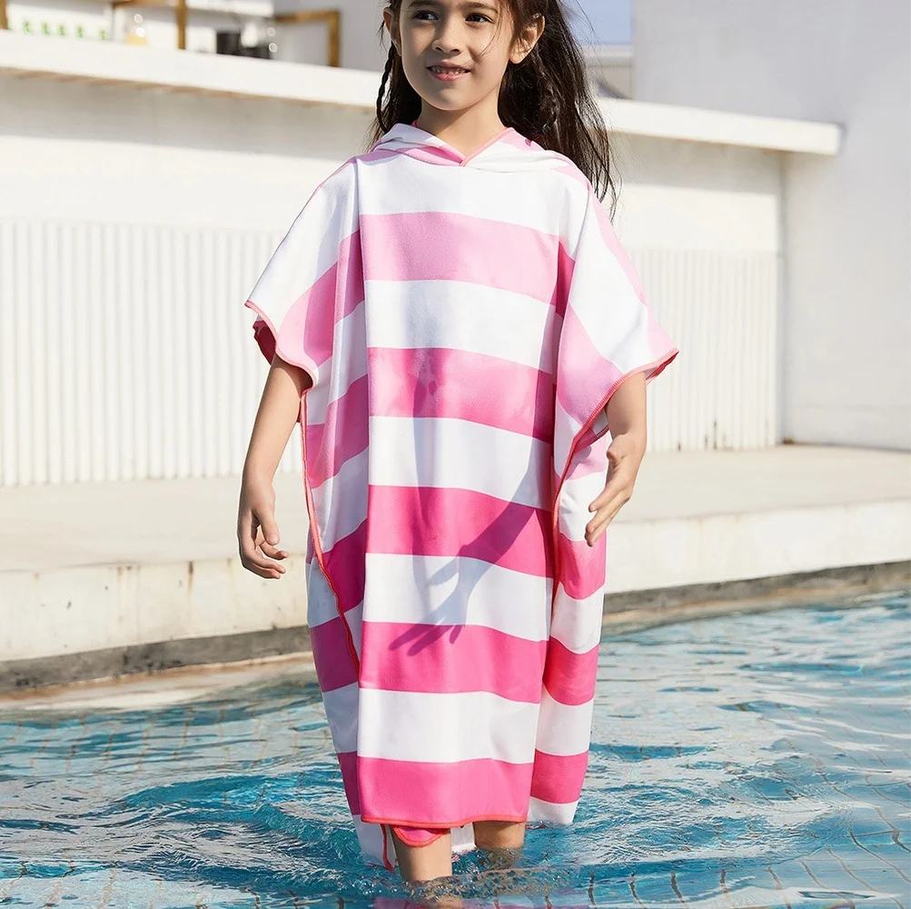 Stripe Printied Microfiber Beach Towel Kids Changing Robe Poncho Lightweight Quick Dry Hooded Bathrobe for Surf Beach Swimmers