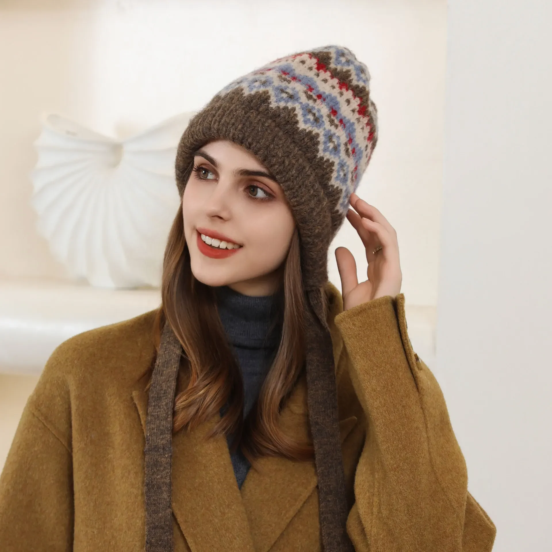 New Beanie Women Retro Classic Rhombus Plaid Knitted Ear Protect  Female Autumn Winter Warm Versatile Trendy Thick Wool Hat Girl