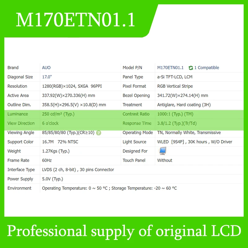 M170ETN01.1 LCD completamente nuevo de 17,0 pulgadas, completamente probado, envío rápido