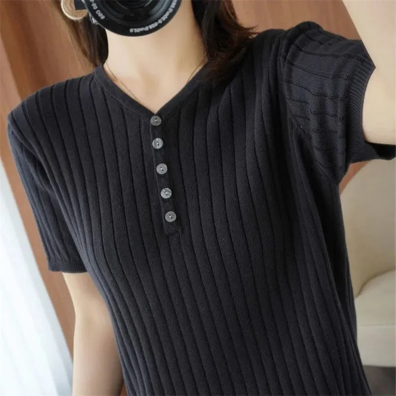 Spring Autumn Women Sweaters Short Sleeves V-neck Bottoming Shirt Knitwear 2023 Summer Pullovers Korean Jumpers  Knitwear