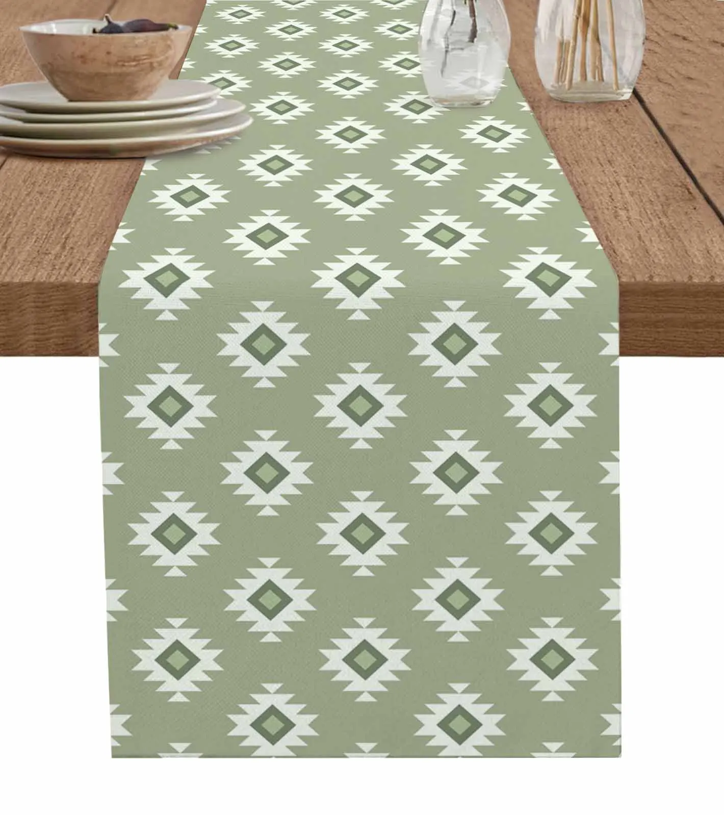 Bohemian Aztec Moroccan Rural Farmhouse Green Table Runner Wedding Decor Table Cover Holiday Party Coffee Tablecloth Tablemats