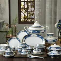 High Temperature Ceramic Plate Cutlery Chinese Blue and White Enamel Household Bowl Dishes Set Gift